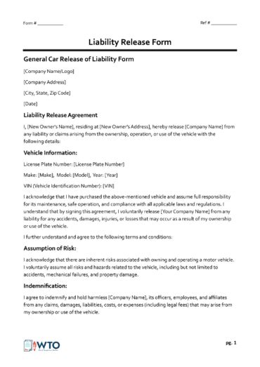 Free Dmv Release Of Liability Forms Editable