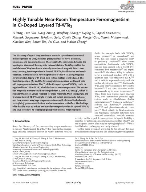 Pdf Highly Tunable Nearroom Temperature Ferromagnetism In Crdoped