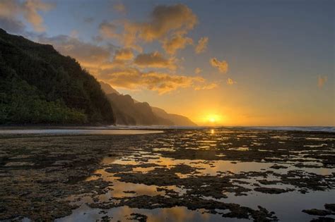 Kee Beach Sunset Na Pali Coast Kauai Hawaii Twlight Sun Dusk