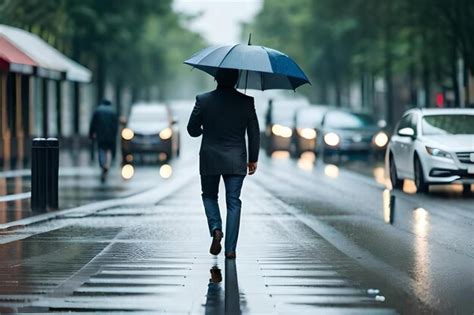 Um Homem Caminha Por Uma Rua Molhada Um Guarda Chuva Na Chuva