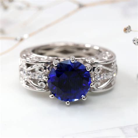 Simulierte Blaue Saphir Ring Sterling Silber Ehering Runde Etsy