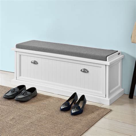 Haotian White,White Storage Bench with Removable Seat Cushion, Bench ...