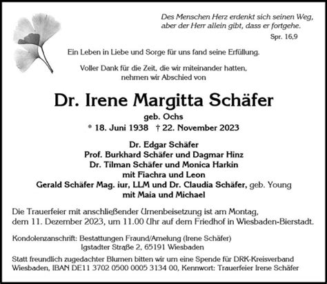 Traueranzeigen von Irene Margitta Schäfer vrm trauer de