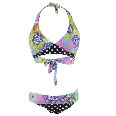 Women Floral Printing Bikini Set Push Up Padded Bra Dot Bandage Halter