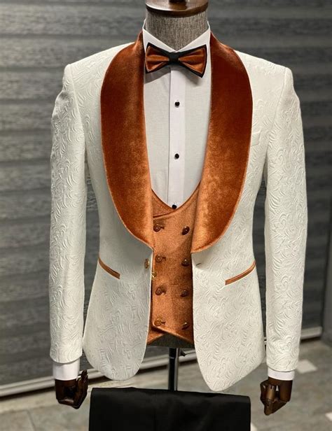 Orange And White Slim Fit Shawl Lapel Wool Tuxedo For Men By Gentwith