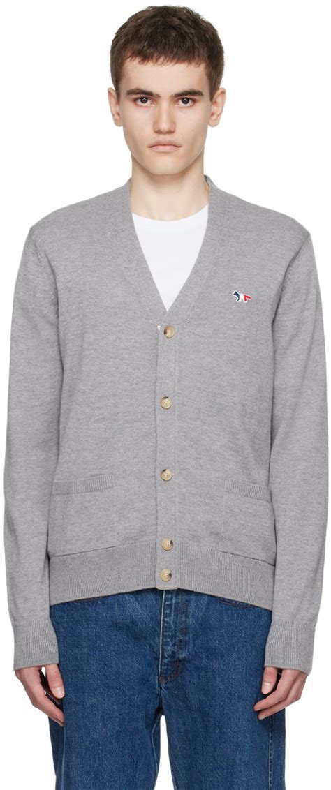 Maison Kitsuné Gray Tricolor Fox Cardigan SSENSE UK