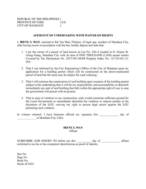 Affidavit Of Undertaking REPUBLIC OF THE PHILIPPINES PROVINCE OF