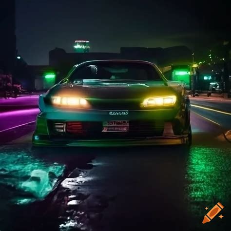 Night Cityscape With A Green Nissan Silvia S15 Drift Car On Craiyon