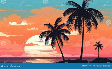 Tropical Beach Sunset With Palm Trees Illustration Ai Generated Stock