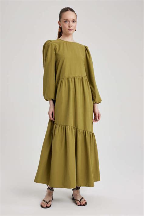 Khaki Woman Crew Neck Poplin Maxi Dress Defacto