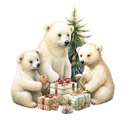 Representación 3d de un grupo de osos polares con árbol de navidad y