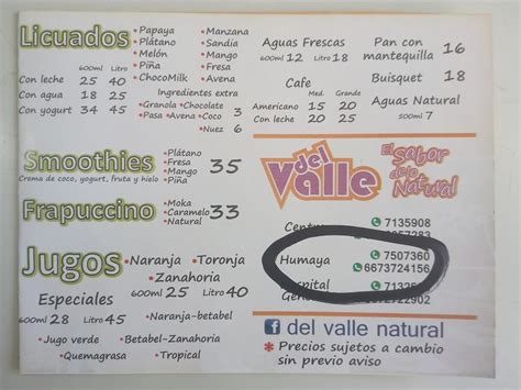 Menu At Del Valle Natural Tortas Licuados Ensaladas Restaurant Culiacán