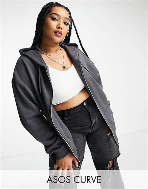 Asos Design Curve Oversized Zip Through Hoodie In Charcoal Asos