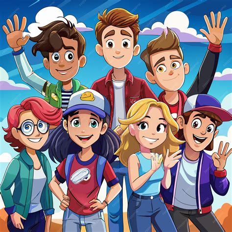 group   diverse cartoon characters standing  smiling
