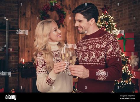 Photo Of Excited Dreamy Young Wife Husband Wear Print Sweaters Smiling Drinking Champagne