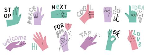 Funny bright stickers hand gestures with text. Vector design set in a cute flat style 24462402 ...