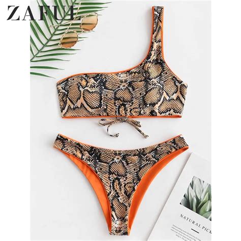 ZAFUL Snakeskin Print One Shoulder Reversible Bikini Set Women Two