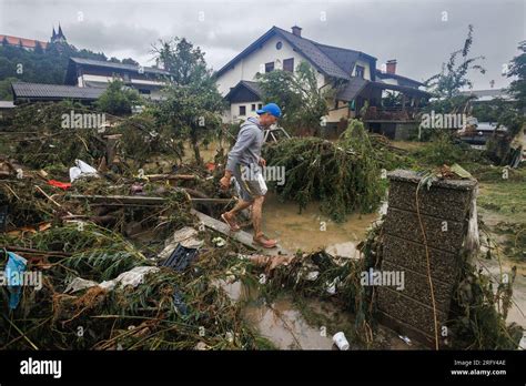 Nazarje Slovenia 05th Aug 2023 A Man Walks Through A Heavily