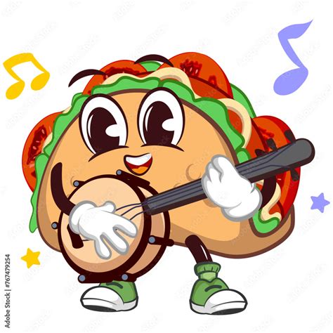 Cute Taco Mascot Character Emoticonplaying Banjo Guitar Cute Taco