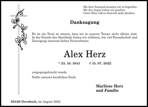 Traueranzeigen Von Alex Herz Rz Trauer De