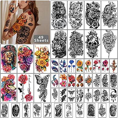 Yazhiji 49 Sheets Large Flowers Skull Waterproof Temporary Tattoos For