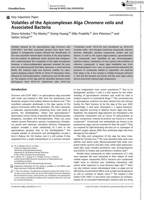 PDF Volatiles Of The Apicomplexan Alga Chromera Velia And Associated