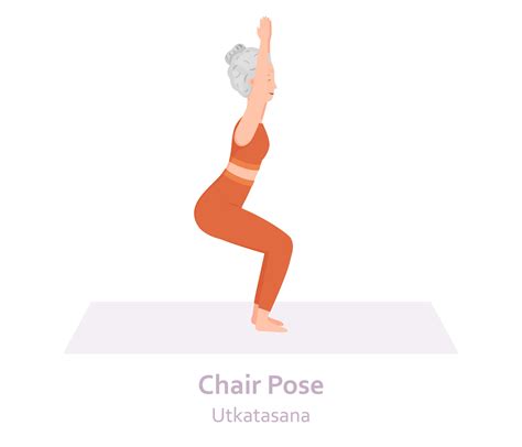 Chair Yoga pose. Utkatasana. Elderly woman practicing yoga asana. Healthy lifestyle. Flat ...