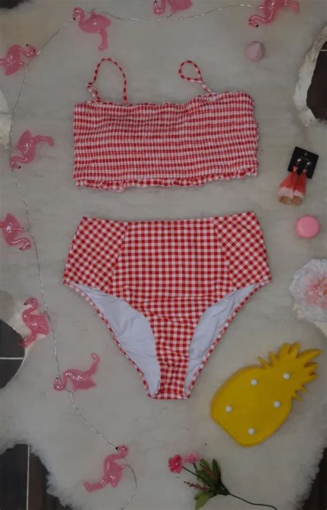 FREE SHIPPING Sexy Red Gingham Smocked Bandeau Bikini Sets JKP3145 Allkpop Shop