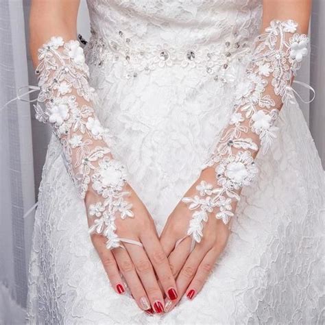 Fingerless White Lace With Beaded Wedding Glove Bridelily Bridelily