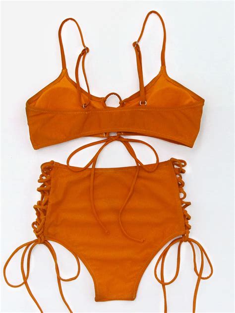 Lace Up Front And Side High Waist Bikini Set SheIn Sheinside