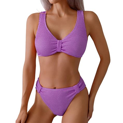 Idall Bikini Sets For Women Bathing Suit Women S Solid Color Seersucker Split Swimsuit With Wide