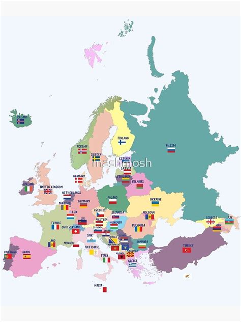 Póster Colorido mapa de Europa con banderas nacionales nombres de