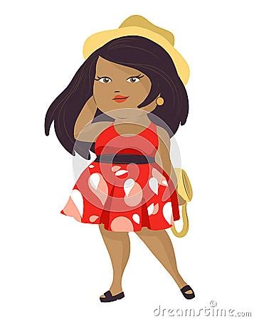 Plus Size Woman Illustration Curvy African Or Latina Female Cartoon Character Wearing Light Red