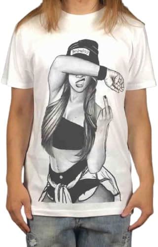 Amazon ビッグ プリント FUCK YOU 中指 ジェスチャー ストリート ガール イラスト ストリートファッション Tシャツ プリント レギュラーフィット ショートスリーブ クルー