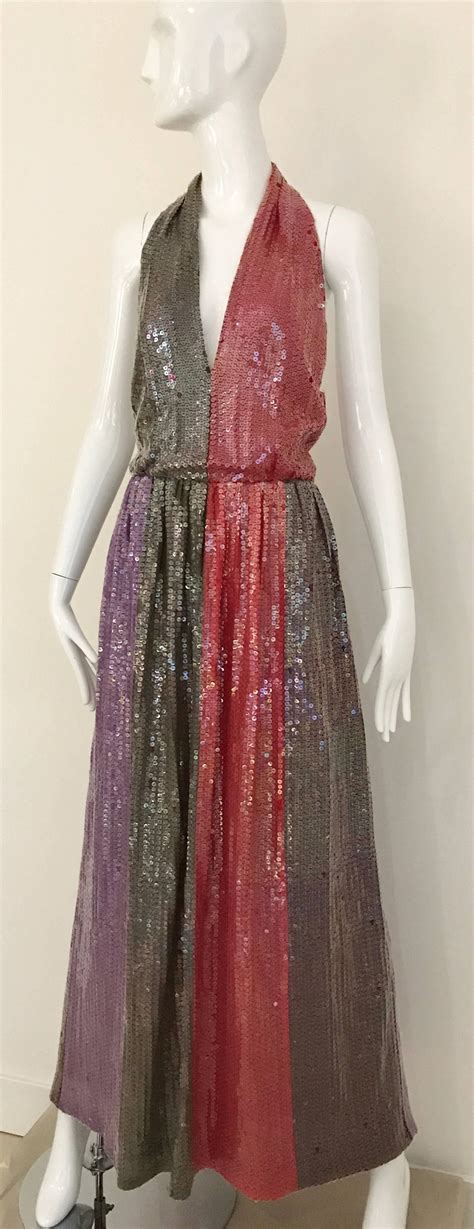 1970s Bill Blass Red Purple And Brown Sequin V Neck Halter 70s Gown For