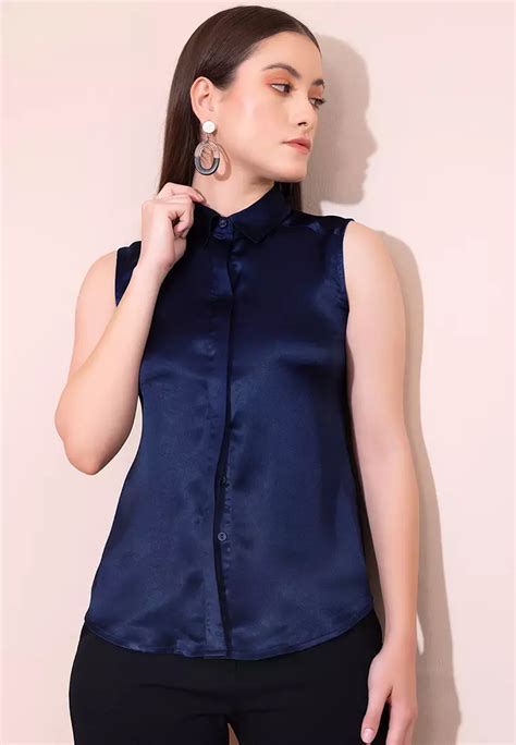 Buy Faballey Navy Blue Sleeveless Satin Shirt Online Zalora