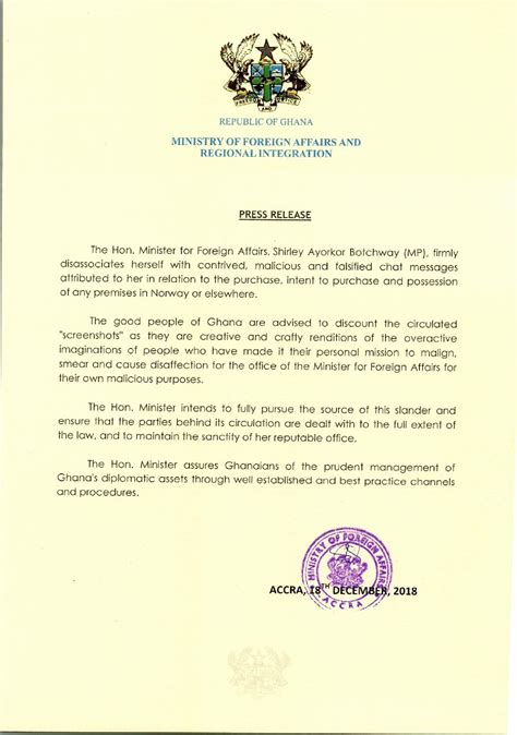 Press Release Ministry Of Foreign Affairs And Regional Integration