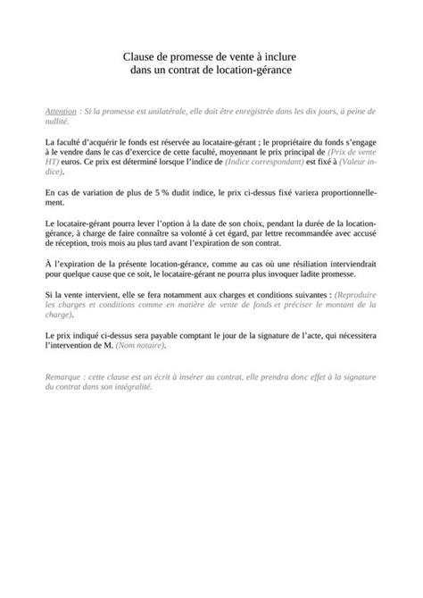 Clause de promesse de vente à inclure dans un contrat de location gérance