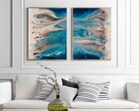 Coastal Wall Art Set Blue Abstract Art Blue Wall Art Beach Landscape