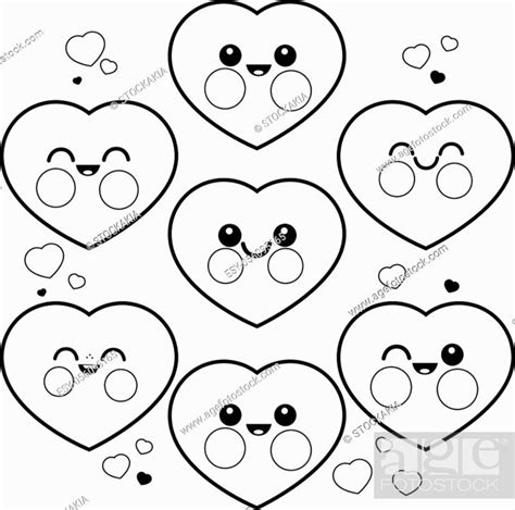 Set Of Cute Heart Characters Vector Black And White Coloring Page