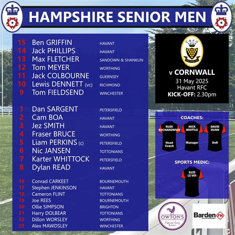 Hampshire - Hampshire RFU team announcement! Our team of 23 players who