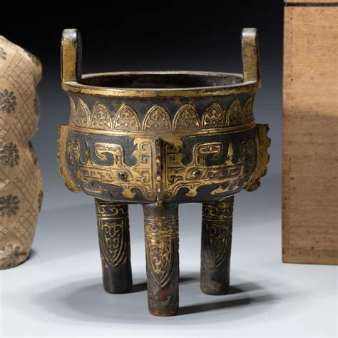 Sold At Auction CHINESE GILT BRONZE TAOTIE TRIPOD CENSER MING DYNASTY