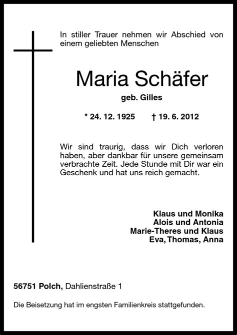 Traueranzeigen von Maria Schäfer rz trauer de