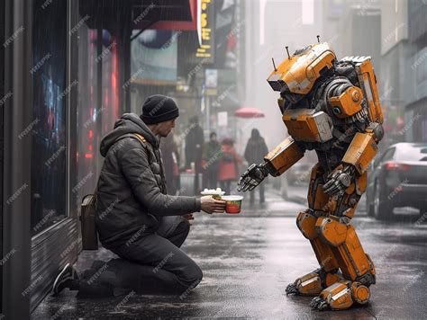 Premium AI Image | robot helping homeless people future unemployment