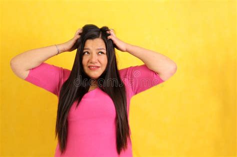 Adult Year Old Latina Woman Ruffles Her Hair Desperate With Anxiety And Frustration With Very