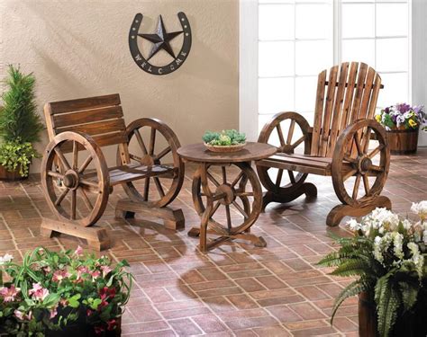 Rustic Wood Country Wagon Wheel Outdoor Terrace Patio Furniture