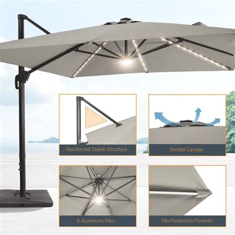 Sonkuki 10 Ft Aluminum Gray No Tilt Cantilever Patio Umbrella With Lights And Base Sd Ledzd33 Gy