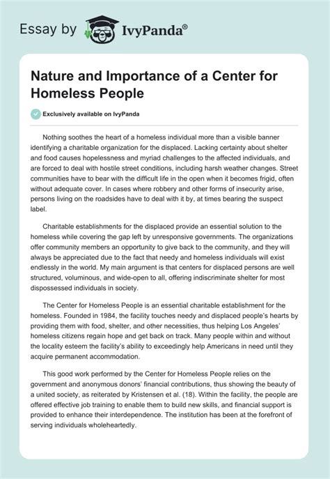 Nature And Importance Of A Center For Homeless People 962 Words Essay Example