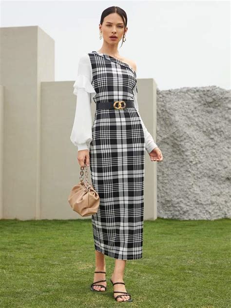 Shein Plaid Panel Asymmetrical Neck Dress Without Belt Trendy Eg