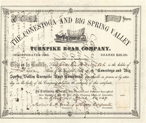 Conestoga and Big Spring Valley Turnpike Road Co. - Stock Certificate ... 